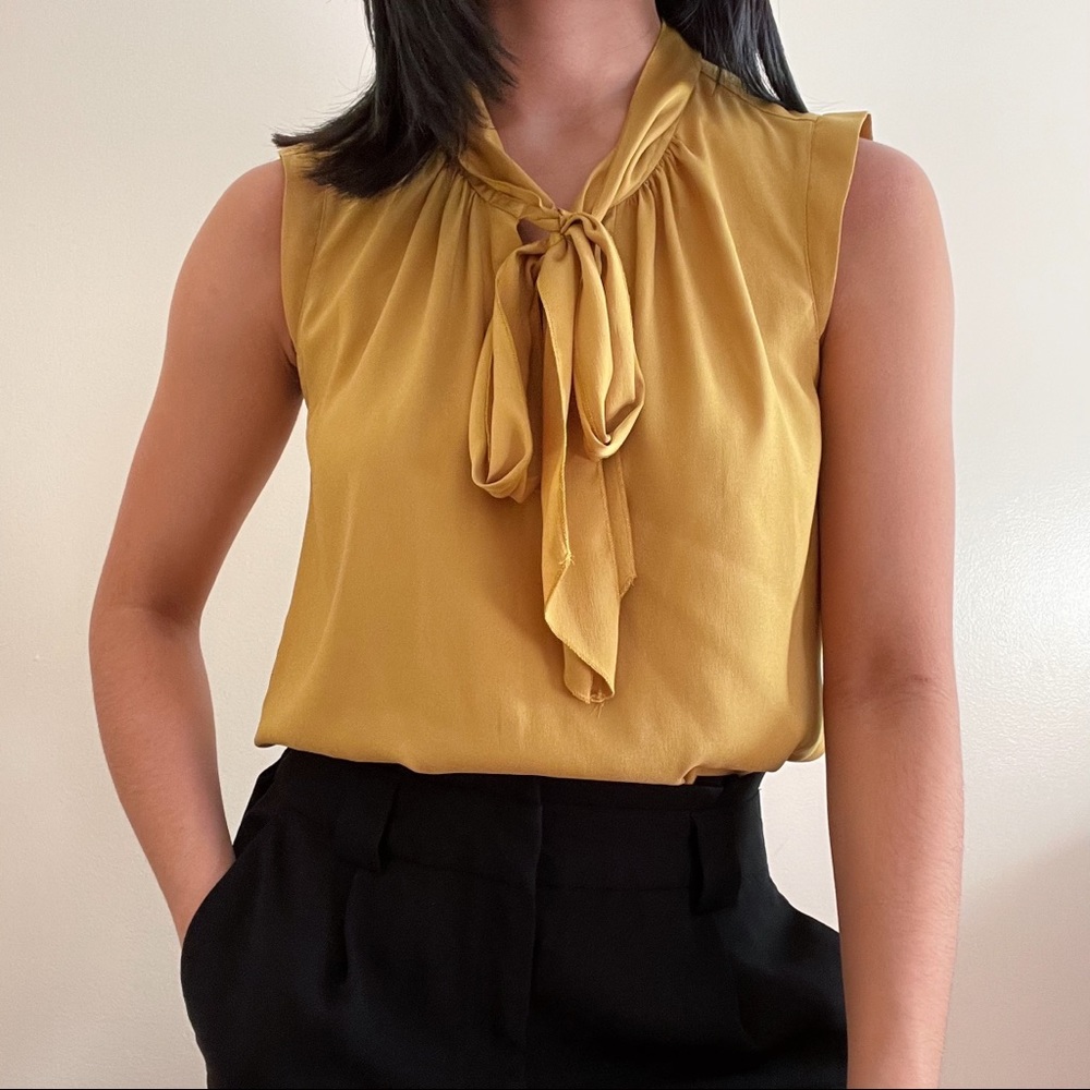 Loft Mustard Yellow Sleeveless Tie Front Blouse